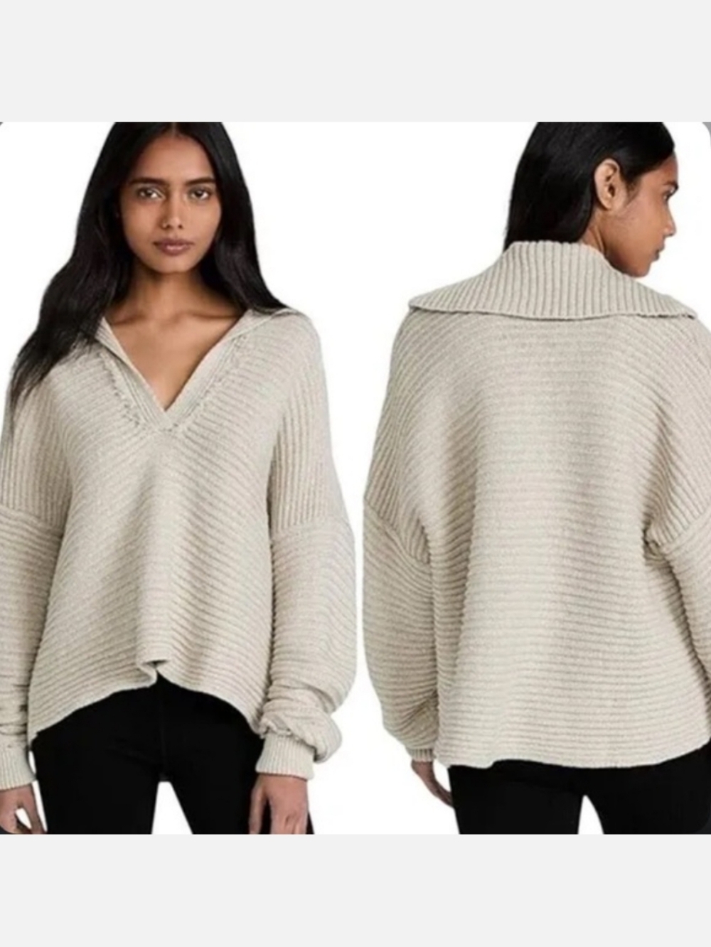 FREE PEOPLE Marlie V-Neck Ribbed Oversized  Sweater Pullover Light Beige Large